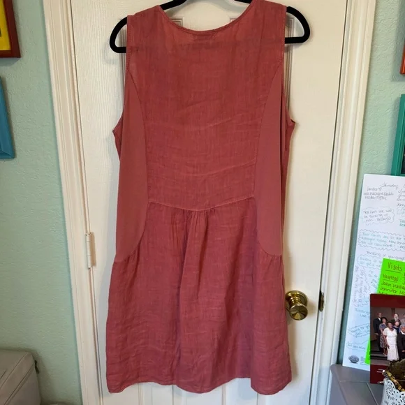 Blu Orchid Coral Pink Italian Linen Rosette Neck Sleeveless Mini Shirt Dress Med - Picture 4 of 13